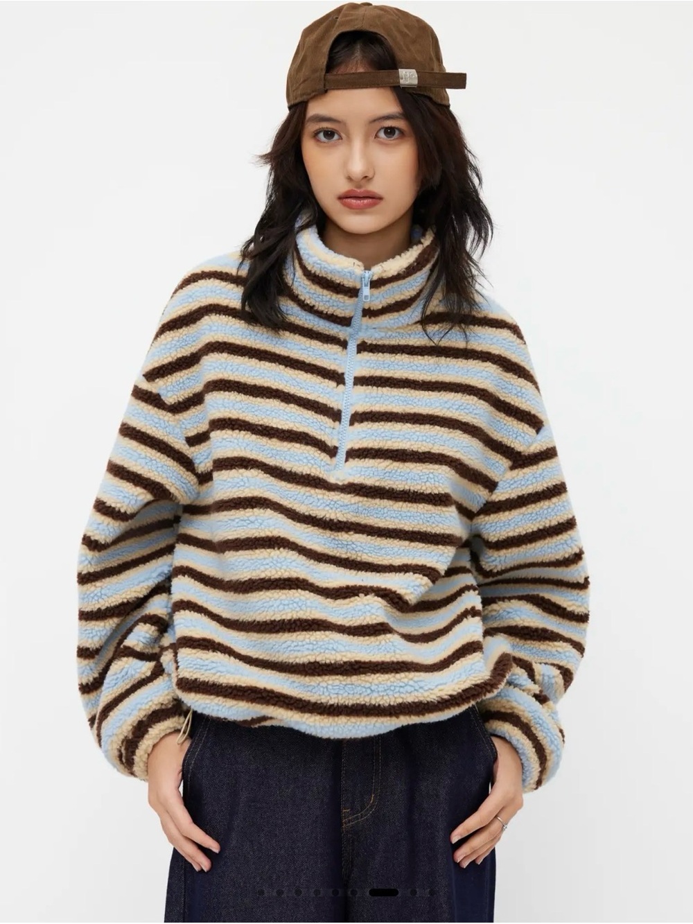 Cider Striped Sherpa Half-Zip Sweater - Blue & Brown Pullover Teddy Jacket